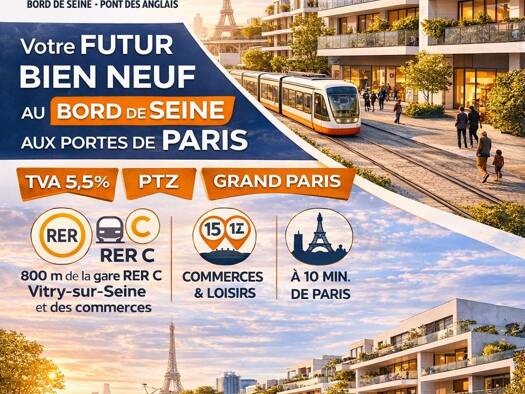 Appartement à vendre - neuf 256 000 € 2 pièces 1 chambre 44,3 m² Étage 7/7 Port à l'Anglais Vitry-sur-Seine 94400