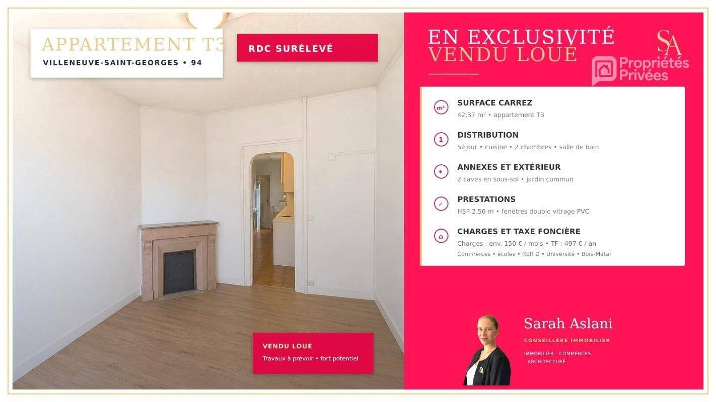 Appartement 3 pièces 43 m² · à Villeneuve-Saint-Georges · 42,7 m² · 99 000 €
