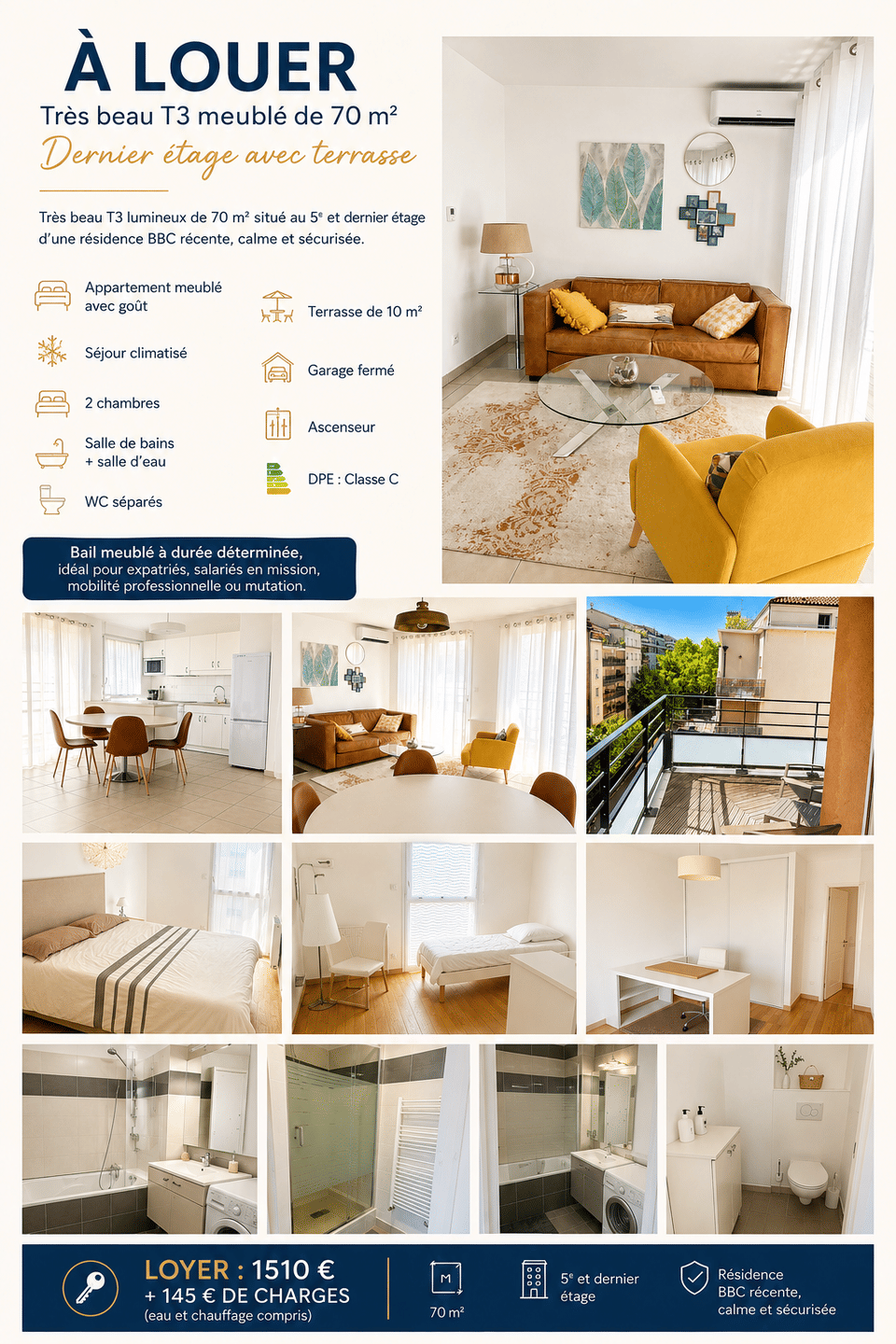 Appartement 3 pièces 70 m² · à Lyon 3ème Arrondissement · 70 m² · 1 655 €