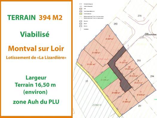 Terrain constructible viabilisé à vendre 39 460 € 394 m² de terrain Sud Est-Nord Ouest Château-du-Loir 72500