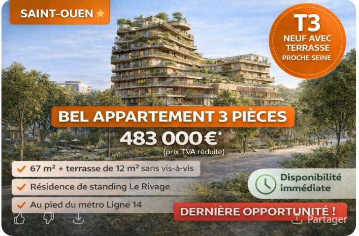 Appartement 3 pièces 68 m² · à Saint-Ouen-sur-Seine · 68 m² · 383 000 €
