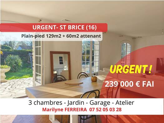 Maison de plain-pied à vendre 239 000 € 5 pièces 3 chambres 129 m² 1 450 m² de terrain Saint-Brice 16100