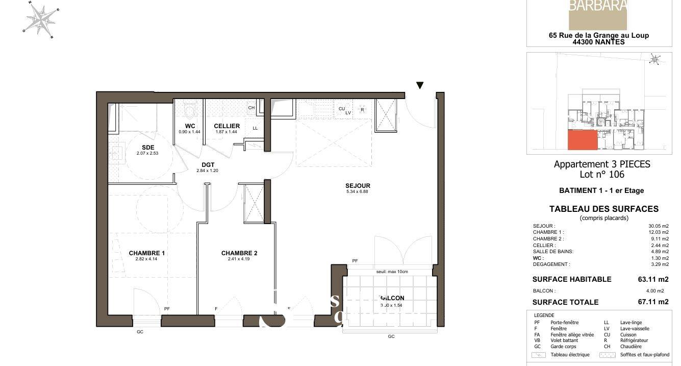 Appartement 3 pièces 63 m² · à Nantes · 63,1 m² · 813 €/mois