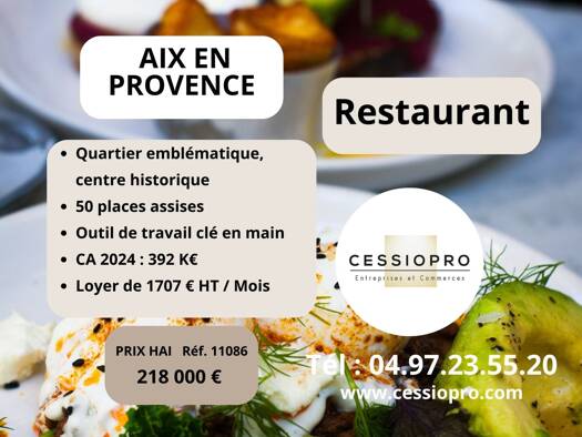 Restaurant à vendre Fonds de commerce 218 000 € 108 m² d'espace de restauration Aix-en-Provence 13100