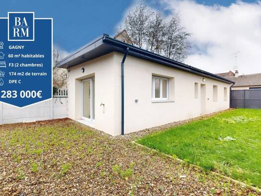 Maison de plain-pied à vendre - Première occupation 283 000 € 3 pièces 2 chambres 60 m² 174 m² de terrain Voltaire-Hyppolyte Pina Gagny 93220