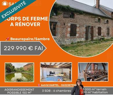 Mas à vendre 229 990 € 7 pièces 6 chambres 207 m² 3 000 m² de terrain Beaurepaire-sur-Sambre 59550