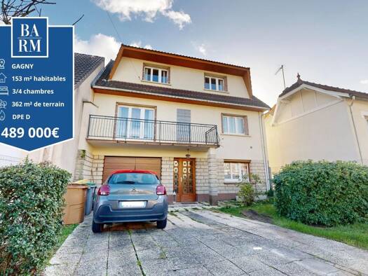 Maison à vendre 489 000 € 6 pièces 3 chambres 153 m² 362 m² de terrain Avenue de Versailles-Rue de Meaux Gagny 93220