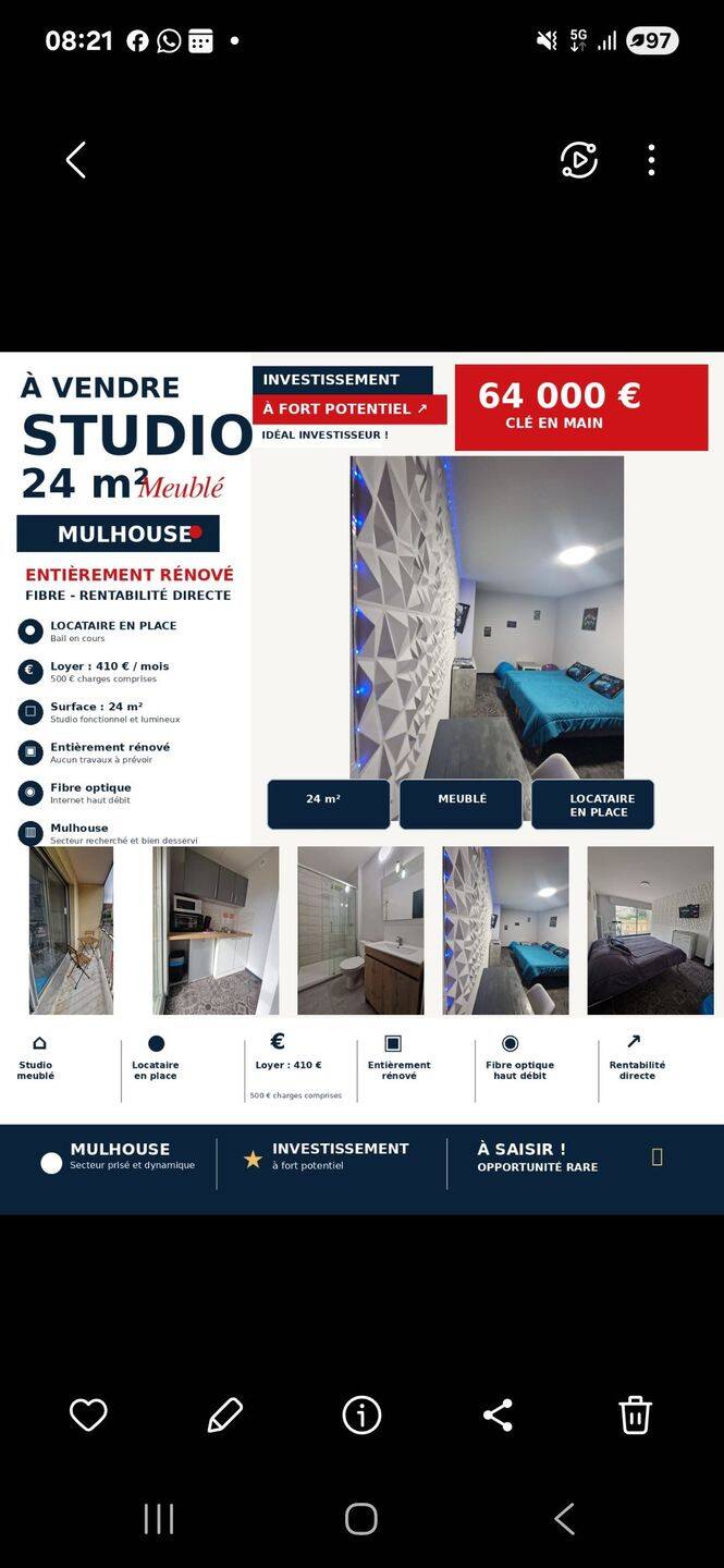 Appartement 1 pièce 24 m² · à Mulhouse · 24 m² · 57 000 €