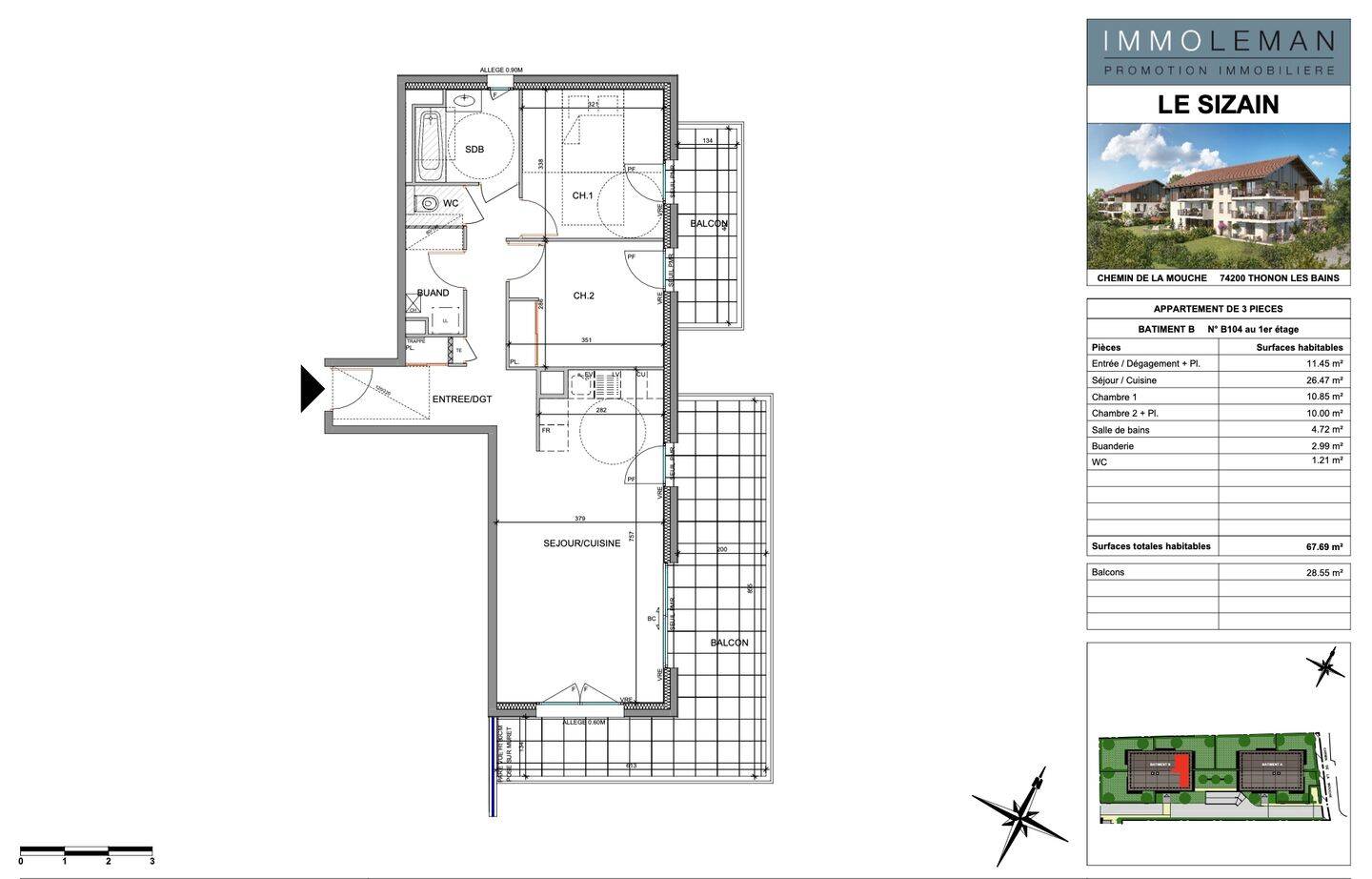 Appartement 3 pièces 68 m² · à Thonon-les-Bains · 67,7 m² · 325 500 €