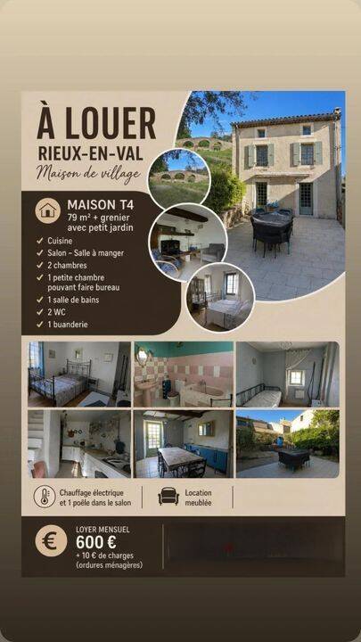 Maison 4 pièces 79 m² · à Rieux-en-Val · 79 m² · 615 €/mois