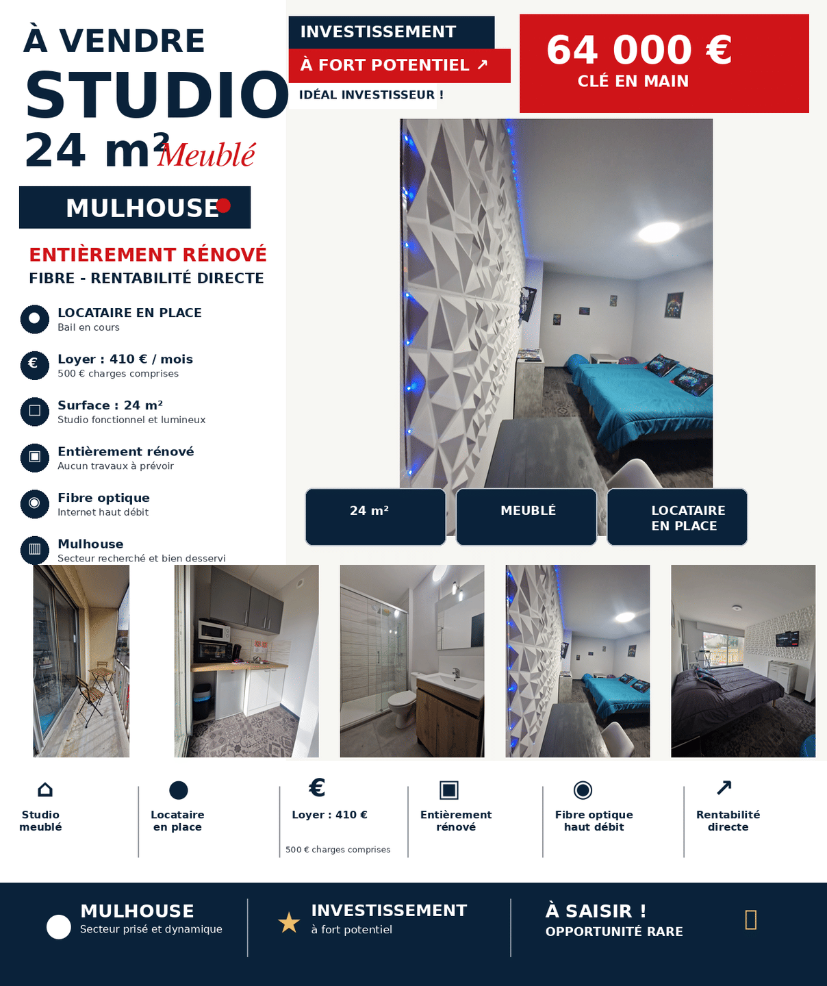 Appartement 1 pièce 24 m² · à Mulhouse · 24 m² · 64 000 €