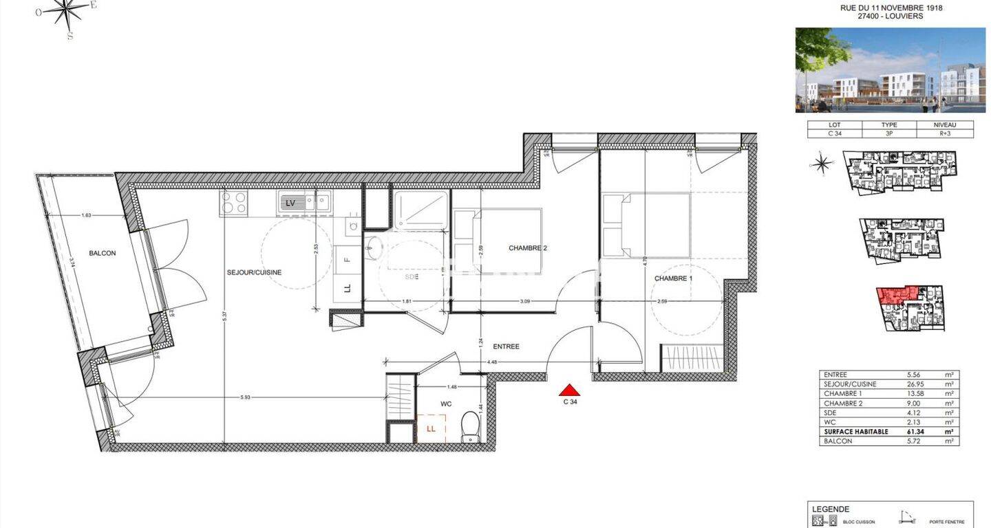 Appartement 3 pièces 61 m² · à Louviers · 61,3 m² · 711 €/mois