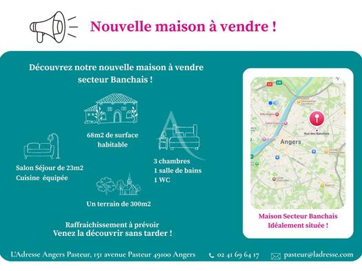 Maison à vendre 192 200 € 4 pièces 3 chambres 64 m² 300 m² de terrain Grand Pigeon-Deux Croix-Banchais Angers 49100