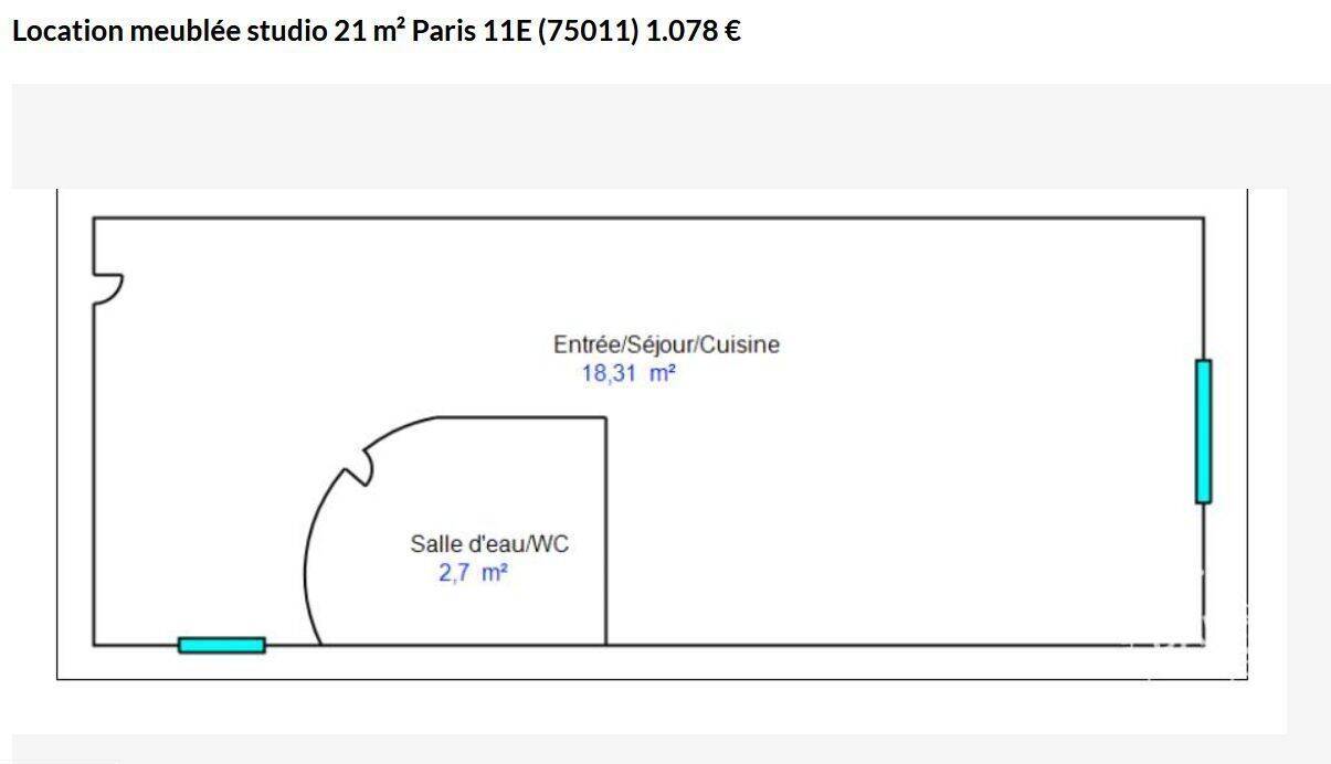 Appartement 1 pièce 21 m² · à Paris 11ème Arrondissement · 21 m² · 1 078 €/mois