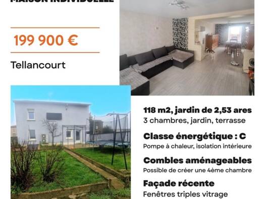 Maison à vendre 199 900 € 6 pièces 3 chambres 118 m² 253 m² de terrain Tellancourt 54260
