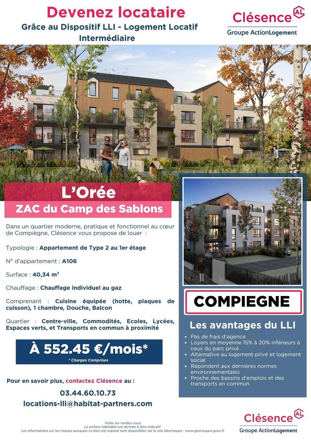 Appartement 2 pièces 42 m² · à Compiègne · 42,4 m² · 552 €/mois