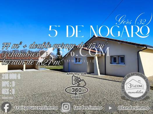Maison de plain-pied à vendre 216 000 € 4 pièces 3 chambres 77 m² 1 800 m² de terrain Nogaro 32110
