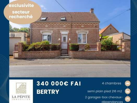 Maison à vendre 340 000 € 6 pièces 4 chambres 216 m² 5 395 m² de terrain Bertry 59980