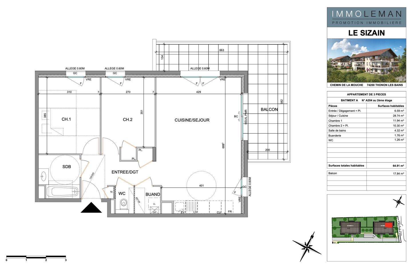 Appartement 3 pièces 65 m² · à Thonon-les-Bains · 64,9 m² · 335 000 €