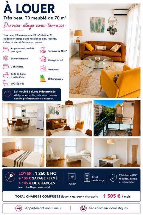 Appartement 3 pièces 70 m² · à Lyon 3ème Arrondissement · 70 m² · 1 505 €/mois