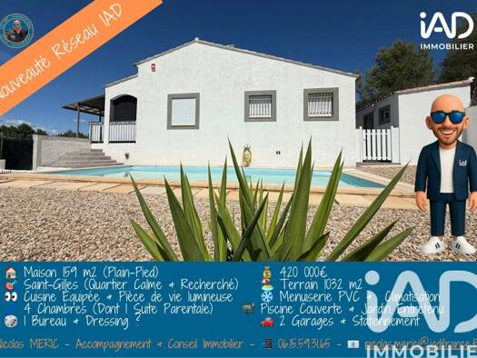 Maison de plain-pied à vendre 420 000 € 6 pièces 4 chambres 159 m² 1 032 m² de terrain Zone Nord Saint-Gilles 30800