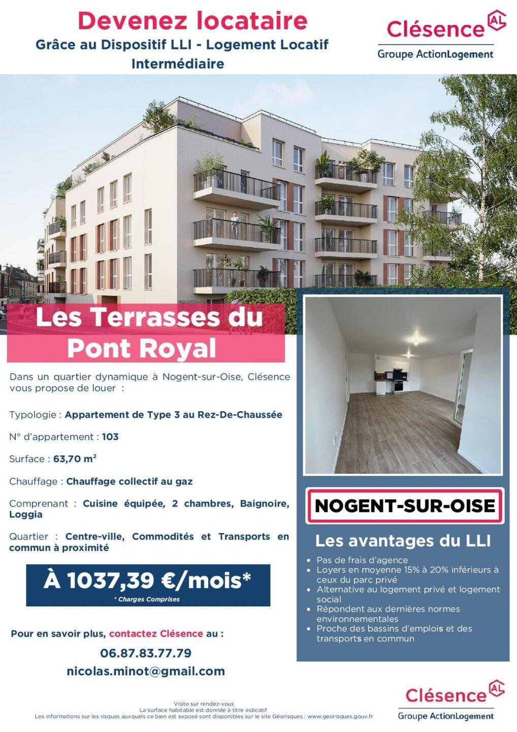 Appartement 3 pièces 64 m² · à Nogent-sur-Oise · 63,7 m² · 1 037 €