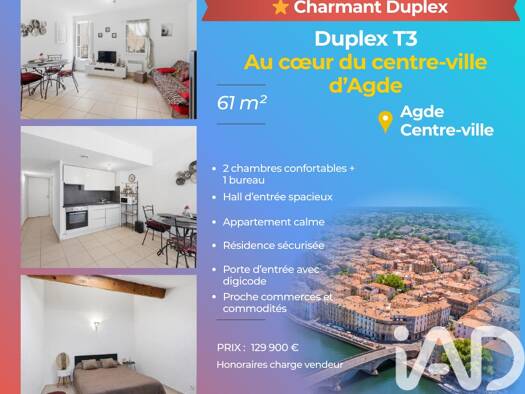Duplex à vendre 129 900 € 3 pièces 2 chambres 61 m² Étage 2/2 Coopérative Agde 34300