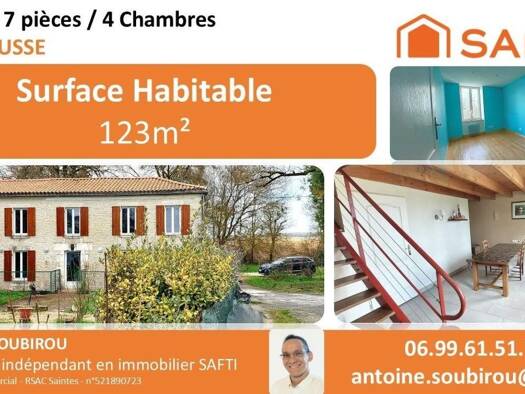 Maison à vendre 250 000 € 7 pièces 4 chambres 123 m² 1 200 m² de terrain La Brousse 17160
