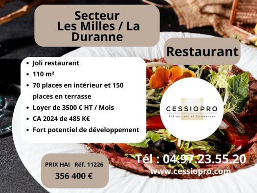Restaurant à vendre Fonds de commerce 356 400 € 111 m² d'espace de restauration Aix-en-Provence 13290