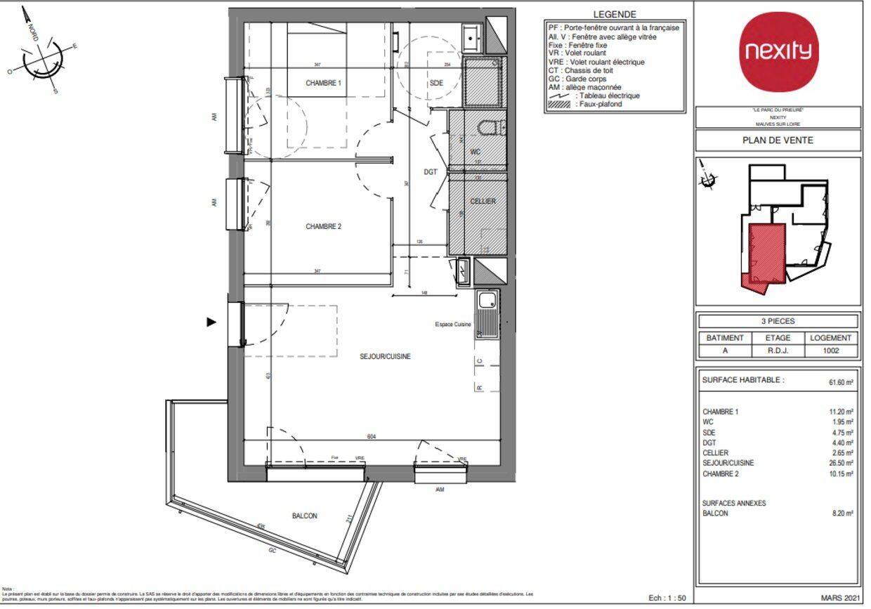 Appartement 3 pièces 62 m² · à Mauves-sur-Loire · 61,6 m² · 838 €/mois