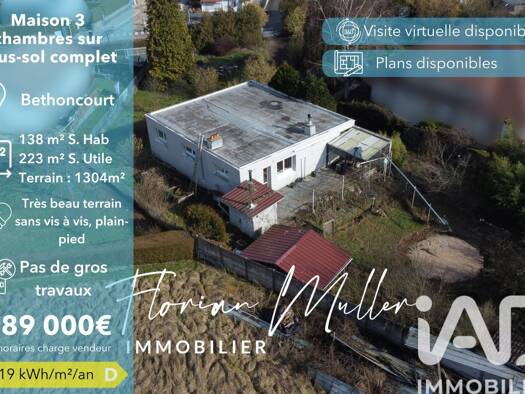 Maison de plain-pied à vendre 189 000 € 6 pièces 3 chambres 138 m² 1 304 m² de terrain Village Bethoncourt 25200