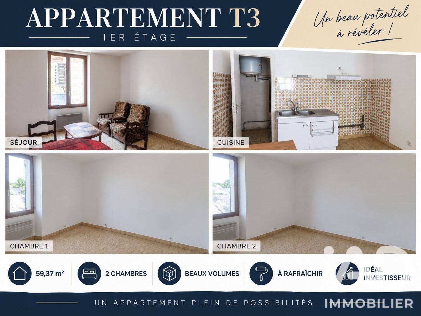 Appartement 3 pièces 59 m² · à Montval-sur-Loir · 59,4 m² · 73 000 €