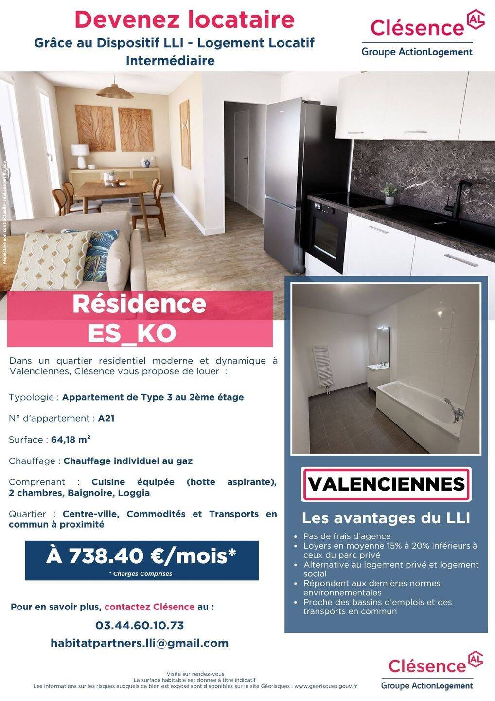 Appartement 3 pièces 64 m² · à Valenciennes · 64,2 m² · 738 €