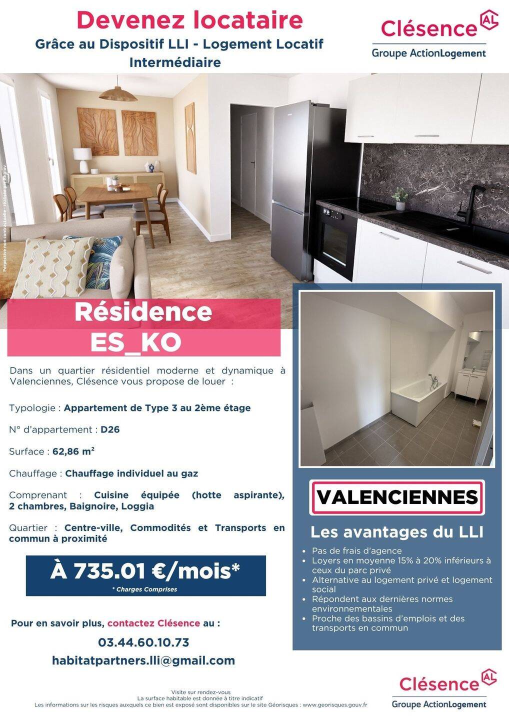 Appartement 3 pièces 63 m² · à Valenciennes · 62,9 m² · 735 €