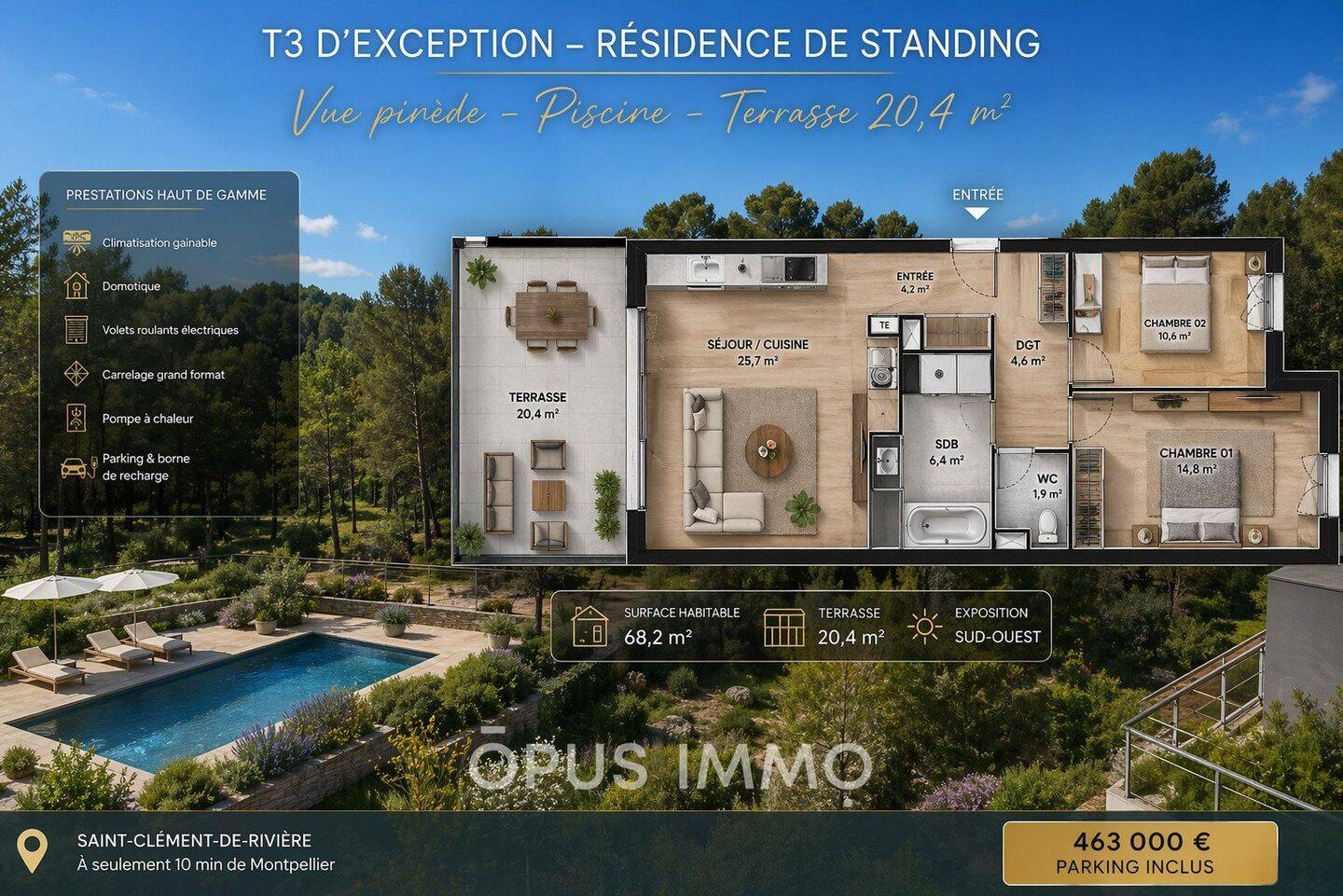 Appartement 3 pièces 68 m² · à Saint-Clément-de-Rivière · 68 m² · 448 000 €